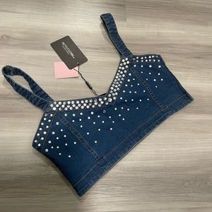 NWT PrettyLittleThing Denim Rhinestone Festival Crop Top